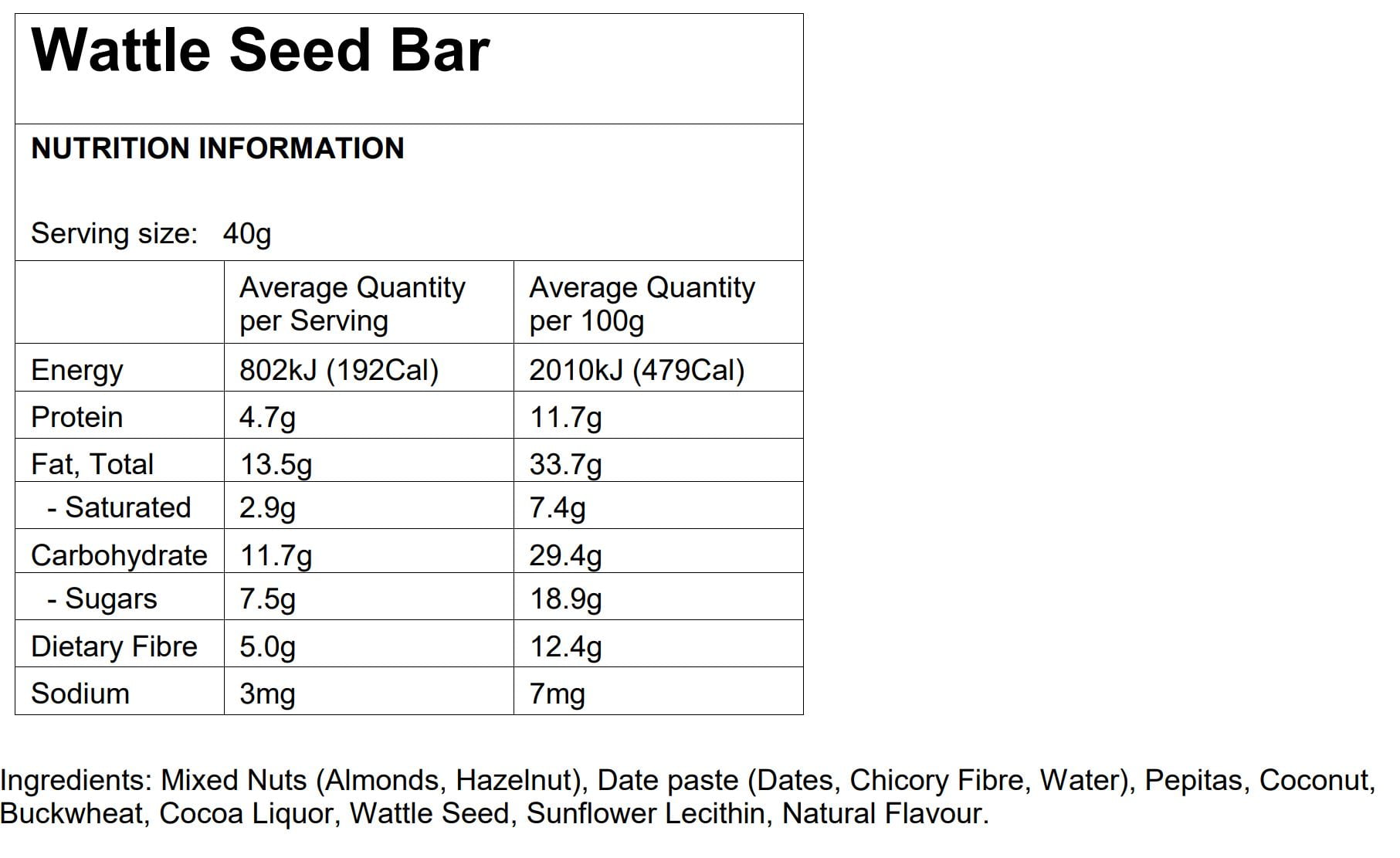 Wattle seed health bar nutritional information